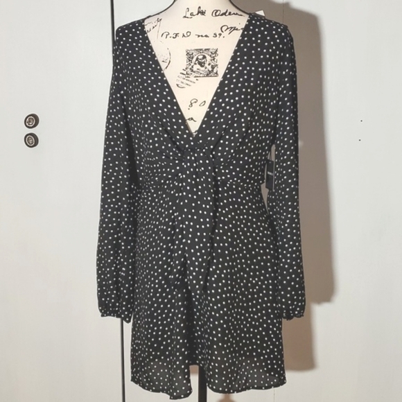 Forever 21- Womens Black/White Polka Dot Deep V Plunge Slit back Dress Sz.XL - Picture 1 of 10